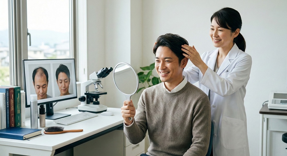 植毛から1年：完成形の姿。ヘアスタイルを楽しめる喜び